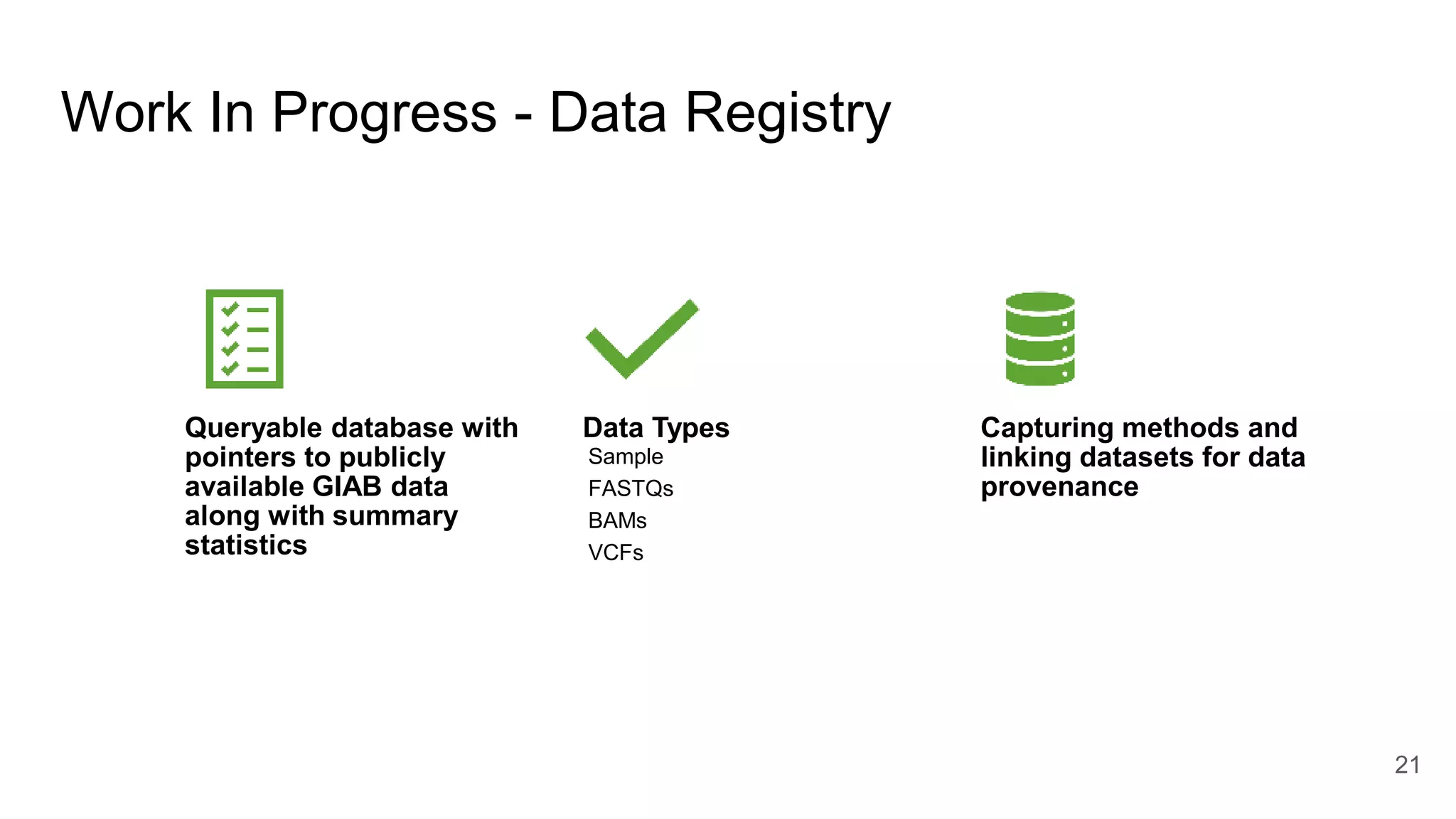 Work In Progress - Data Registry
Queryable database with
pointers to publicly
available GIAB data
along with summary
statistics
Data Types
Sample
FASTQs
BAMs
VCFs
Capturing methods and
linking datasets for data
provenance
21
 