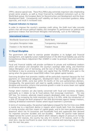 L E A D I N G P A R T N E R T O S T A K E H O L D E R S I N M O N G O L I A N B U S I N E S S E S
B U S I N E S S C O U N C I L O F M O N G O L I A F I R S T A N N U A L S U M M I T P R O C E E D I N G
14
2 0 1 6
(PPPs), deserve special note. These PIUs/PMUs play extremely important roles shepherding
private sector projects, as well as those financed by multilateral institutions such as the
World Bank group, the European Bank for Reconstruction and Development and the Asian
Development Bank. Consequently staff volatility can lead to inconsistent guidance, delay
approvals, and result in increased costs.
Proposed indicators to improve:
In order to improve the country’s sovereign credit rating, the GoM must take concrete
actions that will ensure political stability and strengthen its performance on political and
governance indexes that benchmark Mongolia internationally, such as the followings:
International indexes: From:
Worldwide Governance Indicators World Bank
Corruption Perception Index Transparency International
Freedom in the World Index Freedom House
1.1 Fiscal Discipline
The government will need to exercise greater discipline in its budget and financial
management, and vigilantly sustain implementation of the 2012 Fiscal Stability Law and the
Comprehensive Macro-Adjustment Plan (CMAP) in order to promote fiscal and monetary
stability.
Fiscal and financial stability will provide confidence to private and multilateral creditors
which will enhance and strengthen the country’s sovereign debt rating, and therefore
reduce Mongolia’s cost of borrowing, and the cost of borrowing for the private sector.
Confidence is key to accessing to lower cost capital than the 10.875% price paid in the
spring when the government raised $500 million from global capital markets.
Exercising discipline that promotes stability will be particularly important because the first
payments on international obligations, Development Bank of Mongolia (2017) and the
Chinggis Bond (2018), come due within 18 months of the June parliamentary elections.
Consequently, the government will need to rapidly evidence its commitment to budget
discipline and economic reforms that promote growth in order to access lower cost capital
to refinance external obligations.
Foreign direct investors are also keenly concerned with fiscal and monetary discipline,
particularly as it relates to tax & fiscal policies that encourage investment. The new
VAT law, for instance, adversely impacts projects developed under non-recourse “Project
Financing” by increasing the total investment cost by 5 to 10%, while the introduction of
a 20% CIT through the draft proposal of Feb 2016 discriminates against foreign investors,
violating all bilateral investment treaties where equal treatment is promised.
In terms of monetary policy, the positive trade balance enjoyed for the first time since 2008
is mainly due to a significant decline in imports which results both from the slowdown
of mining activities and their import of capital goods, and to the more general economic
downturn which has hit businesses and households hard and suppressed their demand
for imported consumer durables and non-durables. While the positive trade balance
helped narrow the current account deficit which relieved a degree of pressure on foreign
exchange (FX) reserves, the country has only 4-5 months of FX reserves, which in the
short term, may be insufficient to cover short-term external and maturing long-term debt
over the next two years.
STABILITY
 