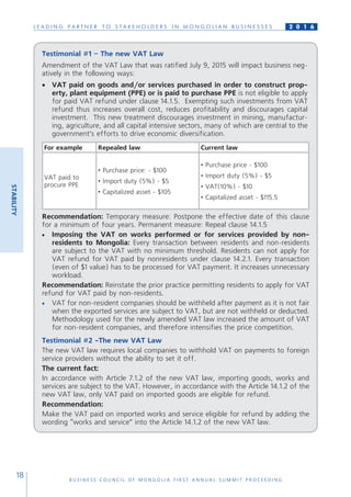 L E A D I N G P A R T N E R T O S T A K E H O L D E R S I N M O N G O L I A N B U S I N E S S E S
B U S I N E S S C O U N C I L O F M O N G O L I A F I R S T A N N U A L S U M M I T P R O C E E D I N G
18
2 0 1 6
Testimonial #1 – The new VAT Law
Amendment of the VAT Law that was ratified July 9, 2015 will impact business neg-
atively in the following ways:
•	 VAT paid on goods and/or services purchased in order to construct prop-
erty, plant equipment (PPE) or is paid to purchase PPE is not eligible to apply
for paid VAT refund under clause 14.1.5. Exempting such investments from VAT
refund thus increases overall cost, reduces profitability and discourages capital
investment. This new treatment discourages investment in mining, manufactur-
ing, agriculture, and all capital intensive sectors, many of which are central to the
government’s efforts to drive economic diversification.
For example Repealed law Current law
VAT paid to
procure PPE
• Purchase price: - $100
• Import duty (5%) - $5
• Capitalized asset - $105
• Purchase price - $100
• Import duty (5%) - $5
• VAT(10%) - $10
• Capitalized asset - $115.5
Recommendation: Temporary measure: Postpone the effective date of this clause
for a minimum of four years. Permanent measure: Repeal clause 14.1.5
•	 Imposing the VAT on works performed or for services provided by non-
residents to Mongolia: Every transaction between residents and non-residents
are subject to the VAT with no minimum threshold. Residents can not apply for
VAT refund for VAT paid by nonresidents under clause 14.2.1. Every transaction
(even of $1 value) has to be processed for VAT payment. It increases unnecessary
workload.
Recommendation: Reinstate the prior practice permitting residents to apply for VAT
refund for VAT paid by non-residents.
•	 VAT for non-resident companies should be withheld after payment as it is not fair
when the exported services are subject to VAT, but are not withheld or deducted.
Methodology used for the newly amended VAT law increased the amount of VAT
for non-resident companies, and therefore intensifies the price competition.
Testimonial #2 -The new VAT Law
The new VAT law requires local companies to withhold VAT on payments to foreign
service providers without the ability to set it off.
The current fact:
In accordance with Article 7.1.2 of the new VAT law, importing goods, works and
services are subject to the VAT. However, in accordance with the Article 14.1.2 of the
new VAT law, only VAT paid on imported goods are eligible for refund.
Recommendation:
Make the VAT paid on imported works and service eligible for refund by adding the
wording “works and service” into the Article 14.1.2 of the new VAT law.
STABILITY
 