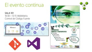 SALA 101
10:30 – 12:15 WebMatrix
Control de Código Fuente
 