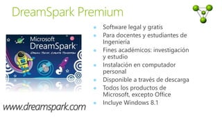  Software legal y gratis
 Para docentes y estudiantes de
Ingeniería
 Fines académicos: investigación
y estudio
 Instalación en computador
personal
 Disponible a través de descarga
 Todos los productos de
Microsoft, excepto Office
 Incluye Windows 8.1
www.dreamspark.com
 