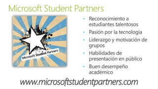 • Reconocimiento a
estudiantes talentosos
• Pasión por la tecnología
• Liderazgo y motivación de
grupos
• Habilidades de
presentación en público
• Buen desempeño
académico
www.microsoftstudentpartners.com
 