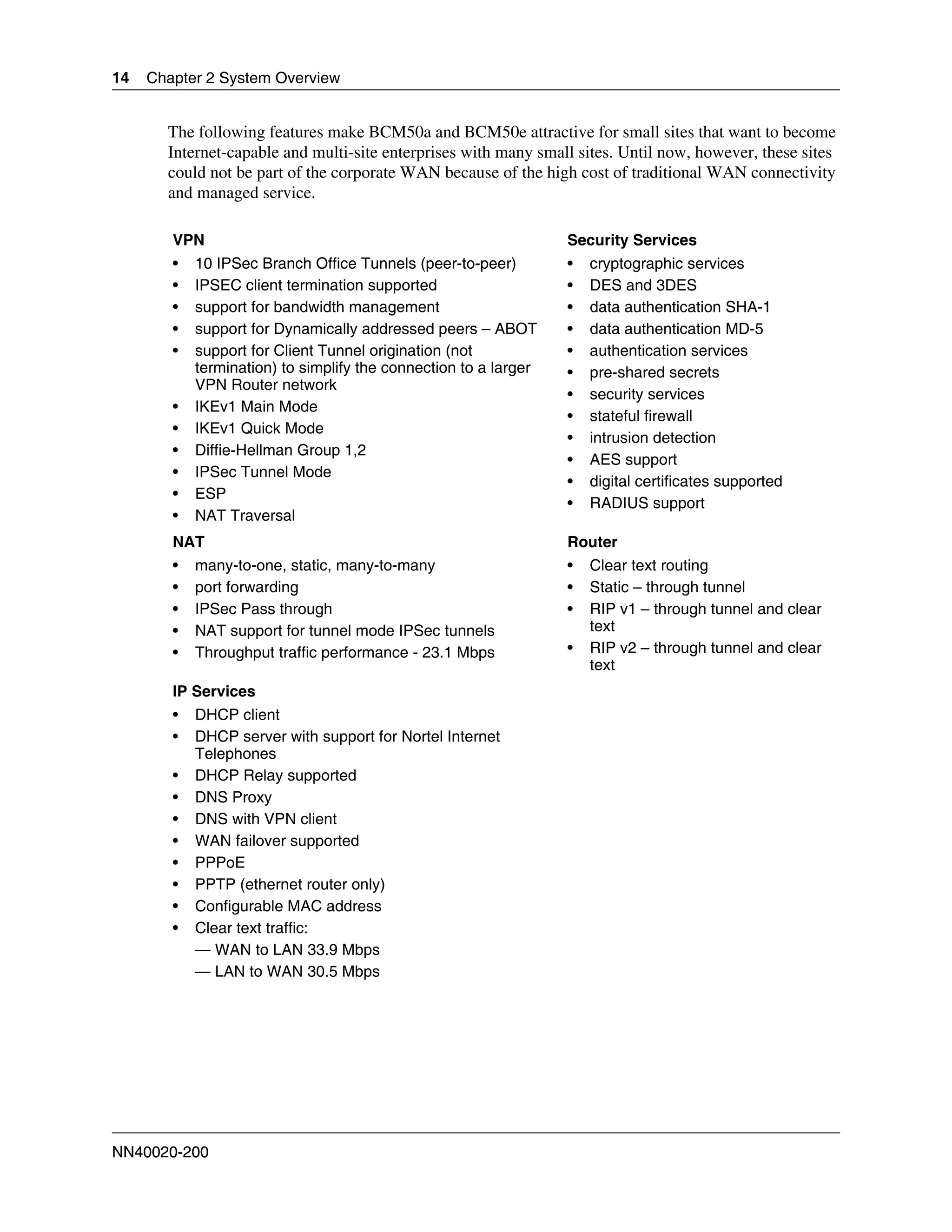 14   Chapter 2 System Overview


       The following features make BCM50a and BCM50e attractive for small sites that want to become
       Internet-capable and multi-site enterprises with many small sites. Until now, however, these sites
       could not be part of the corporate WAN because of the high cost of traditional WAN connectivity
       and managed service.

        VPN                                                       Security Services
        •   10 IPSec Branch Office Tunnels (peer-to-peer)         •   cryptographic services
        •   IPSEC client termination supported                    •   DES and 3DES
        •   support for bandwidth management                      •   data authentication SHA-1
        •   support for Dynamically addressed peers – ABOT        •   data authentication MD-5
        •   support for Client Tunnel origination (not            •   authentication services
            termination) to simplify the connection to a larger   •   pre-shared secrets
            VPN Router network
                                                                  •   security services
        •   IKEv1 Main Mode
                                                                  •   stateful firewall
        •   IKEv1 Quick Mode
                                                                  •   intrusion detection
        •   Diffie-Hellman Group 1,2
                                                                  •   AES support
        •   IPSec Tunnel Mode
                                                                  •   digital certificates supported
        •   ESP
                                                                  •   RADIUS support
        •   NAT Traversal
        NAT                                                       Router
        •   many-to-one, static, many-to-many                     •   Clear text routing
        •   port forwarding                                       •   Static – through tunnel
        •   IPSec Pass through                                    •   RIP v1 – through tunnel and clear
        •   NAT support for tunnel mode IPSec tunnels                 text
        •   Throughput traffic performance - 23.1 Mbps            •   RIP v2 – through tunnel and clear
                                                                      text
        IP Services
        •   DHCP client
        •   DHCP server with support for Nortel Internet
            Telephones
        •   DHCP Relay supported
        •   DNS Proxy
        •   DNS with VPN client
        •   WAN failover supported
        •   PPPoE
        •   PPTP (ethernet router only)
        •   Configurable MAC address
        •   Clear text traffic:
            — WAN to LAN 33.9 Mbps
            — LAN to WAN 30.5 Mbps




NN40020-200
 