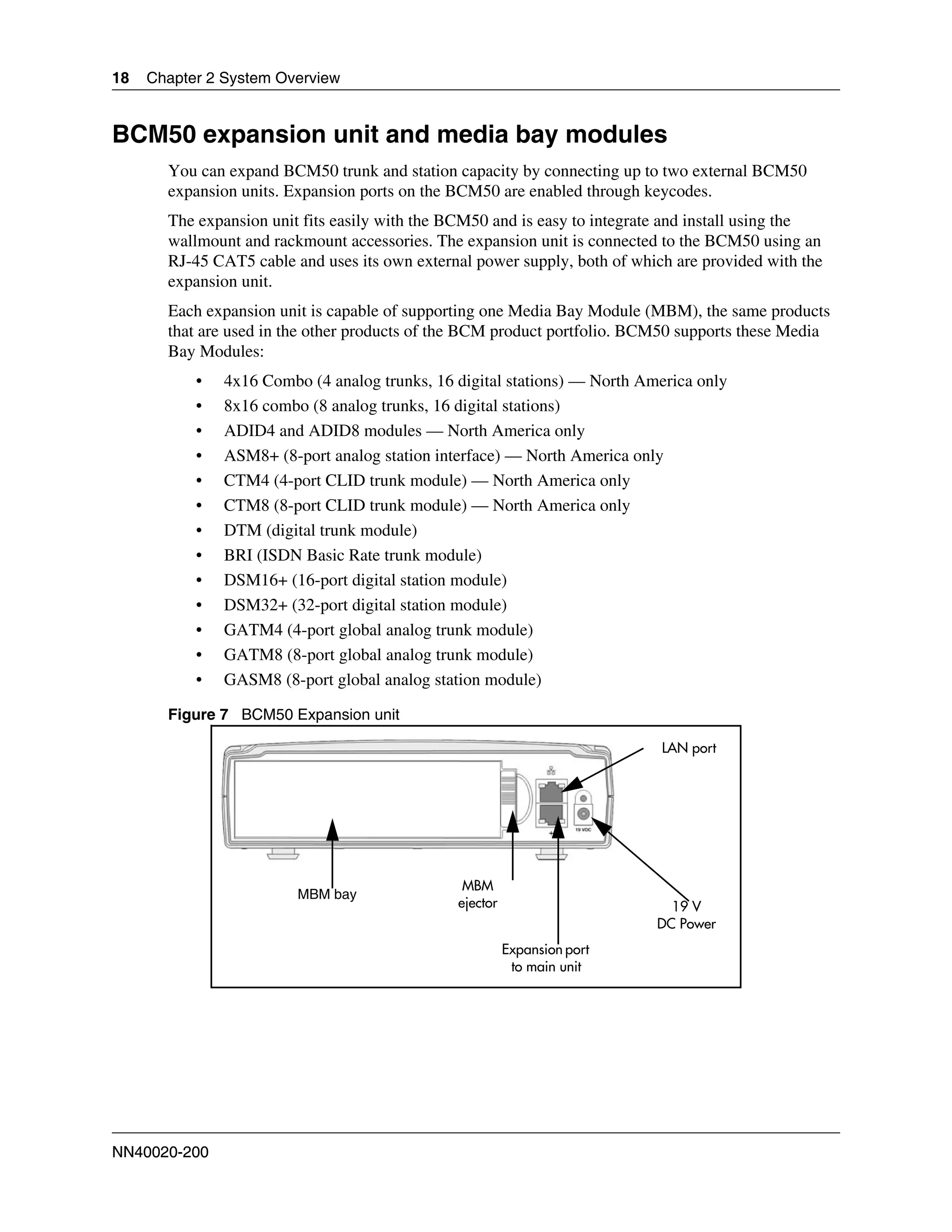 18   Chapter 2 System Overview


BCM50 expansion unit and media bay modules
       You can expand BCM50 trunk and station capacity by connecting up to two external BCM50
       expansion units. Expansion ports on the BCM50 are enabled through keycodes.
       The expansion unit fits easily with the BCM50 and is easy to integrate and install using the
       wallmount and rackmount accessories. The expansion unit is connected to the BCM50 using an
       RJ-45 CAT5 cable and uses its own external power supply, both of which are provided with the
       expansion unit.
       Each expansion unit is capable of supporting one Media Bay Module (MBM), the same products
       that are used in the other products of the BCM product portfolio. BCM50 supports these Media
       Bay Modules:
           •   4x16 Combo (4 analog trunks, 16 digital stations) — North America only
           •   8x16 combo (8 analog trunks, 16 digital stations)
           •   ADID4 and ADID8 modules — North America only
           •   ASM8+ (8-port analog station interface) — North America only
           •   CTM4 (4-port CLID trunk module) — North America only
           •   CTM8 (8-port CLID trunk module) — North America only
           •   DTM (digital trunk module)
           •   BRI (ISDN Basic Rate trunk module)
           •   DSM16+ (16-port digital station module)
           •   DSM32+ (32-port digital station module)
           •   GATM4 (4-port global analog trunk module)
           •   GATM8 (8-port global analog trunk module)
           •   GASM8 (8-port global analog station module)

       Figure 7 BCM50 Expansion unit

                                                                            LAN port




                                                MBM
                         MBM bay
                                               ejector                       19 V
                                                                           DC Power
                                                         Expansion port
                                                          to main unit




NN40020-200
 