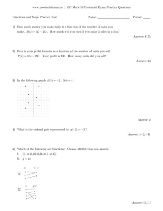 Bc Math 10 Functions and Slope Practice Test | PDF