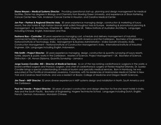 Diane Meyers – Medical Systems Director: Providing operational start-up, planning and design management for medical
facilities, Diane has degrees in Biology and Chemistry from Bowling Green University, and experience at Sloan Kettering
Cancer Center New York, Anderson Cancer Center in Houston, and Carolina Medical Center.

Jon Pan – Partner & Regional Director Asia. 30 years experience managing design, construction & marketing of luxury
resorts, five star hotels & high-fashion brands retail outlets throughout Asia & Europe. Marketing & promotional planning &
management. M. Architecture, Cheshire UK. MBA, Cheshire UK. Fellow Institute of Australian Architects. Languages
including Chinese, English, Indonesian and Thai.

Keshava Rao – Controller: 20 years experience managing cost, schedule and delivery management of industrial,
commercial facilities and luxury resorts and hotels in Asia, North America and the Caribbean. Bachelor of Engineering –
National Institute of Technology, India. Management & Business Administration – Indira Gandhi University, India.
Construction Management – National Institute of Construction Management, India. International Institute of Industrial
Engineer, USA. Languages including English, Indonesian.

Fritz Smith – Project Director: 20 years experience managing design, construction & quantity surveying of luxury resorts,
hotels, airports & public works in the Caribbean. Masters of Science, Project Management – UK. Bachelor of Science,
Distinction – UK. Honors Diploma, Quantity Surveying – Jamaica

Jorge Suarez-Cavalier, MD – Director of Medical Services: As on of the top-ranking cardiothoracic surgeons in the world, a
board-certified surgeon and thoracic surgeon, and chief of cardiothoracic surgery at Florida Hospital Orlando, Dr. Suarez-
Cavalier brings a special understanding of medical tourism and specialty medical services. Born in Hamburg, he was
educated at the Pontifical Universidad Javeriana, Colombia, with his residencies at Maimonides Medical Center in New
York and Carolinas Heart Institute, and was a resident at Baylor, College of Medicine and Oregon Health Sciences.

Jim Theel – MEP Director: 32 years diverse experience in MEP systems design and installation in North, South America and
the Caribbean.

Paul de Vreede – Project Director: 35 years of project construction and design direction for five-star resort hotels in India,
Asia and the South Pacific. Bachelor of Engineering, Hogere Technische School. Languages including Dutch, English,
French, German, Indonesian, Mandarin Chinese.
 