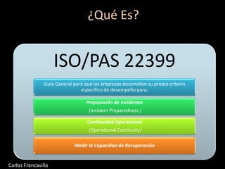 ¿Qué Es?
ISO/PAS 22399
Guía General para que las empresas desarrollen su propio criterio
especifico de desempeño para;
Preparación de Incidentes
(Incident Preparedness )
Continuidad Operacional
(Operational Continuity)
Medir la Capacidad de Recuperación
Carlos Francavilla
 