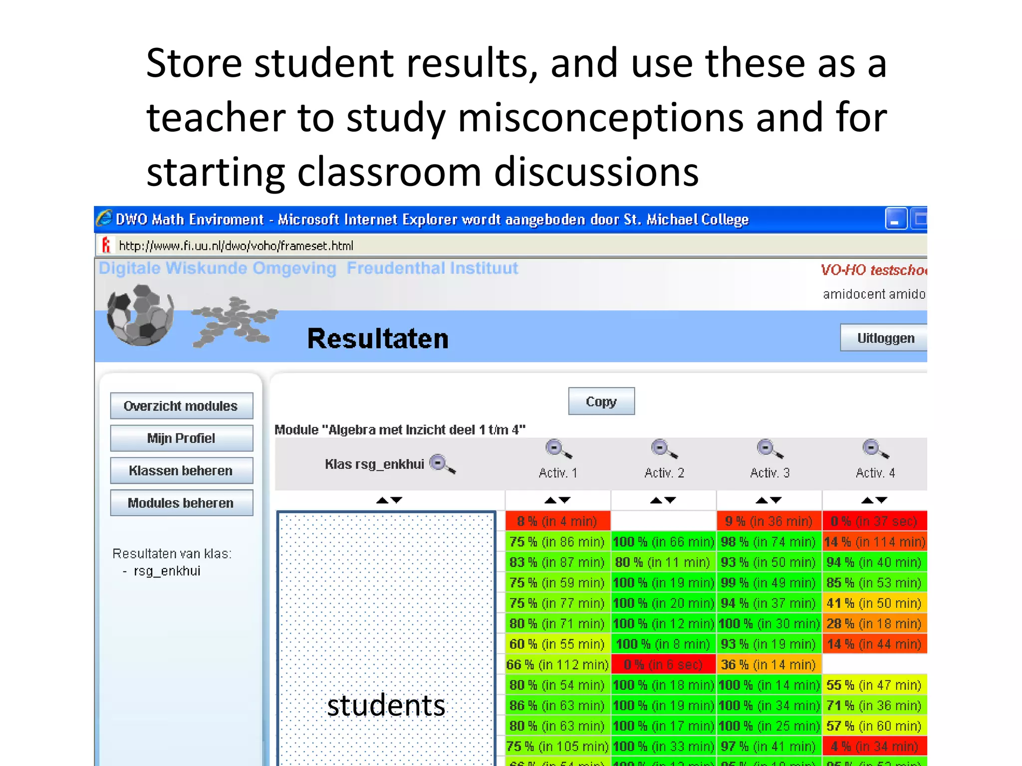 Store student results, and use these as a
teacher to study misconceptions and for
starting classroom discussions
students
 