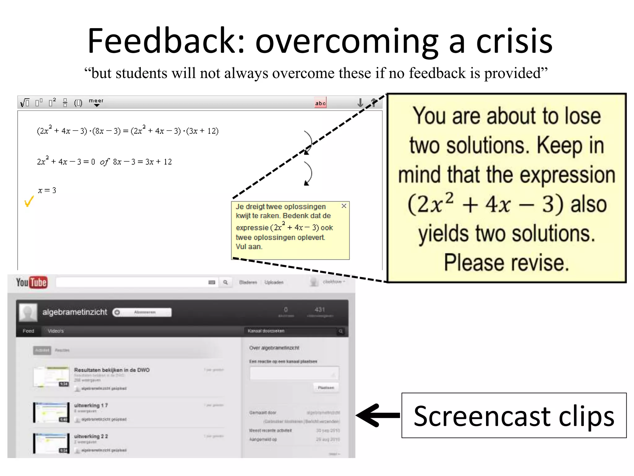 Feedback: overcoming a crisis
Screencast clips
“but students will not always overcome these if no feedback is provided”
 
