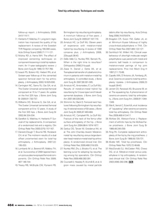 BC MEDICAL JOURNAL VOL. 52 NO. 9, NOVEMBER 2010 www.bcmj.org464
follow-up report. J Arthroplasty 2009;
24:511-517.
11. Herberts P, Malchau H. Long-term regis-
tration has improved the quality of hip
replacement: A review of the Swedish
THR Register comparing 160,000 cases.
Acta Orthop Scand 2000;71:111-121.
12. Mulroy RD Jr, Harris WH. The effect of
improved cementing techniques on
componentlooseningintotalhipreplace-
ment. An 11-year radiographic review. J
Bone Joint Surg Br 1990;72:757-760.
13. Issack PS, Botero HG, Hiebert RN, et al.
Sixteen-year follow-up of the cemented
spectron femoral stem for hip arthro-
plasty. J Arthroplasty 2003;18:925-930.
14. Carrington NC, Sierra RJ, Gie GA, et al.
The Exeter Universal cemented femoral
component at 15 to 17 years: An update
on the first 325 hips. J Bone Joint Surg
Br 2009;91:730-737.
15. Williams HD, Browne G, Gie GA, et al.
The Exeter Universal cemented femoral
component at 8 to 12 years. A study of
the first 325 hips. J Bone Joint Surg Br
2002;84:324-334.
16. Garellick G, Malchau H, Herberts P. Sur-
vival of hip replacements. A comparison
of a randomized trial and a registry. Clin
Orthop Relat Res 2000;(375):157-167.
17. Danesh-Clough T, Bourne RB, Rorabeck
CH, et al. The mid-term results of a dual
offset uncemented stem for total hip
arthroplasty. J Arthroplasty, 2007;22:
195-203.
18. Lombardi AV Jr, Berend KR, Mallory TH,
et al. Survivorship of 2000 tapered titani-
umporousplasma-sprayedfemoralcom-
ponents. Clin Orthop Relat Res 2009;
467:146-154.
19. Treacy RB, McBryde CW, Pynsent PB.
Birmingham hip resurfacing arthroplasty.
A minimum follow-up of five years. J
Bone Joint Surg Br 2005;87:167-170.
20. Amstutz HC, Le Duff MJ. Eleven years
of experience with metal-on-metal
hybrid hip resurfacing: A review of 1000
conserve plus. J Arthroplasty 2008;
23(suppl):36-43.
21. Della Valle CJ, Nunley RM, Barrack RL.
When is the right time to resurface?
Orthopedics 2008;31(suppl).
22. Ziaee H, Daniel J, Datta AK, et al.
Transplacentaltransferofcobaltandchro-
mium in patients with metal-on-metal hip
arthroplasty: A controlled study. J Bone
Joint Surg Br 2007;89:301-305.
23. Amstutz HC, Antoniades JT, Le Duff MJ.
Results of metal-on-metal hybrid hip
resurfacing for Crowe type-I and II devel-
opmental dysplasia. J Bone Joint Surg
Am 2007;89:339-346.
24. Shimmin AJ, Back D. Femoral neck frac-
tures following Birmingham hip resurfac-
ing:Anationalreviewof50cases.JBone
Joint Surg Br 2005;87:463-464.
25. Amstutz HC, Campbell PA, Le Duff MJ.
Fracture of the neck of the femur after
surface arthroplasty of the hip. J Bone
Joint Surg Am 2004;86-A:1874-1877.
26. Garbuz DS, Tanzer M, Greidanus NV, et
al. The John Charnley Award: Metal-on-
metal hip resurfacing versus large-diam-
eter head metal-on-metal total hip arthro-
plasty: A randomized clinical trial. Clin
Orthop Relat Res 2009;468:318-325.
27. Nunley RM, Zhu J, Brooks PJ, et al. The
learning curve for adopting hip resurfac-
ing among hip specialists. Clin Orthop
Relat Res 2009;468:382-391.
28. Counsell A, Heasley R, Arumilli B, et al. A
groin mass caused by metal particle
Total hip arthroplasty: Techniques and results
debris after hip resurfacing. Acta Orthop
Belg 2008;74:870-874.
29. Bragdon CR, Kwon YM, Geller JA, et
al. Minimum 6-year followup of highly
cross-linked polyethylene in THA. Clin
Orthop Relat Res 2007;465:122-127.
30. Semlitsch M, Willert HG. Clinical wear
behaviour of ultra-high molecular weight
polyethylene cups paired with metal and
ceramic ball heads in comparison to
metal-on-metal pairings of hip joint
replacements. Proc Inst Mech Eng H
1997;211:73-88.
31. Capello WN, D’Antonio JA, Feinberg JR,
etal.Ceramic-on-ceramictotalhiparthro-
plasty: Update. J Arthroplasty 2008;23
(suppl):39-43.
32. Jarrett CA, Ranawat AS, Bruzzone M, et
al. The squeaking hip: A phenomenon of
ceramic-on-ceramic total hip arthroplas-
ty. J Bone Joint Surg Am, 2009;91:1344-
1349.
33. MaiK,VeriotiC,EzzetKA,etal.Incidence
of“squeaking”afterceramic-on-ceramic
total hip arthroplasty. Clin Orthop Relat
Res 2009;468:413-417.
34. McKee GK, Watson-Farrar J. Replace-
ment of arthritic hips by the McKee-Far-
rar prosthesis. J Bone Joint Surg Br
1966;48:245-259.
35. Ring PA. Complete replacement arthro-
plasty of the hip by the ring prosthesis. J
Bone Joint Surg Br 1968;50:720-731.
36. Muller ME. Total hip prostheses. Clin
Orthop Relat Res 1970;72:46-68.
37. MacDonald SJ, McCalden RW, Chess
DG, et al. Metal-on-metal versus poly-
ethylene in hip arthroplasty: A random-
ized clinical trial. Clin Orthop Relat Res
2003;(406):282-296.
 