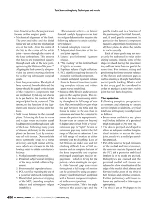 BC MEDICAL JOURNAL VOL. 52 NO. 9, NOVEMBER 2010 www.bcmj.org450
time.Toachievethis,thesurgicalteam
focuses on five surgical goals:
• Mechanical alignment of the limb.
The proximal tibia and the distal
femur are cut so that the mechanical
axis of the limb—from the centre of
the hip to the centre of the ankle
joint—passes through the centre of
the knee arthroplasty. This ensures
that forces are transmitted equally
through each side of the new joint,
optimizing the lifetime of the joint.19
Aligning the limb correctly also pro-
vides the correct starting platform
for achieving subsequent surgical
goals.
• Joint line preservation. The depth of
bone removed from the tibia and the
femur should be equal to the height
of the respective components that
are implanted. By taking out what is
to be put back in, the position of the
original joint line is preserved. This
optimizes the function of the liga-
ments and muscles acting upon the
knee.
• Soft tissue balance in the coronal
plane. Balancing the knee to varus
and valgus stress maintains equal
load transmission through each side
of the knee. Following many years
of disease, deformity in the coronal
plane can become fixed by contrac-
ture of soft tissues. Osteoarthritis
most commonly leads to a varus
deformity and tight medial soft tis-
sues, which are released in the fol-
lowing order to attain satisfactory
balance:
1. Medial osteophyte removal.
2. Proximal subperiosteal stripping
of the deep medial collateral lig-
ament.
3. Posteromedial capsular release.
4. PCLsacrifice requiring the use of
a posterior stabilized component.
5. Distal tibial periosteal stripping
of the MCL (avoiding complete
release and subsequent valgus
instability).
Rheumatoid arthritis or lateral
femoral condyle hypoplasia can lead
to a valgus deformity that requires the
following releases to attain satisfac-
tory balance:
1. Lateral osteophyte removal.
2. Subperiosteal dissection of the lat-
eral joint capsule.
3. Lateral patellofemoral ligament
release.
4. “Pie crusting” of the iliotibial band
if tight in extension.
5. Popliteus release if tight in flexion.
6. PCL sacrifice requiring the use of a
posterior stabilized component.
7. Lateral collateral ligament release
from its femoral insertion (avoid-
ing complete release and subse-
quent varus instability).
• Balance of the flexion and extension
gaps in the sagittal plane. This re-
sults in the knee maintaining stabil-
ity throughout its full range of mo-
tion.Flexioninstabilityoccurswhen
the gap between the tibia and the
femur is wider in flexion than in
extension and must be corrected to
ensure the patient is asymptomatic.
Recurvatum or extension beyond
0 degrees may result from a “loose”
extension gap. A “tight” flexion or
extension gap may restrict the full
range of flexion or extension. Loss
of full range of motion at either
extreme can be disabling. Loss of
full flexion can make stair and hill
climbing difficult. Loss of full ex-
tension makes complete lockout of
the knee impossible and requires
prolonged quadriceps muscle en-
gagement—which is tiring for the
patient—when standing in one spot.
A tibiofemoral gap consistent
throughout a full range of motion
can be achieved by using an appro-
priately sized tibial insert combined
with a femoral component implant-
ed in the correct position.
• Q angle correction. This is the angle
between the quadriceps and the
patella tendon and is a function of
the positioning of the tibial, femoral,
and, if used, patella component. In
particular the femoral component
requires appropriate positioning in
all three planes to allow the patella
to track correctly.
Each of these goals may not nec-
essarily be addressed in strict order
during surgery. Indeed, some of the
steps involved during the procedure
may address more than one goal at the
same time. For instance, sizing and
positioning the femur ensures balance
of the flexion and extension gaps as
well as creating a Q angle that affords
correct patella tracking. What is vital
is that every goal be considered in
order to produce a pain-free, stable
joint that will last a long time.
The operation
Following complete preoperative
assessment and planning to ensure
correct implant availability, a typical
total knee arthroplasty would proceed
as follows:
• Intravenous antibiotics are given
well before inflation of a proximal
thigh tourniquet to 300 mm Hg.
• The skin is prepped and draped to
allow an adequate midline longitu-
dinal incision to access the knee
joint, usually via a medial parapatel-
lar approach.
• Part of the anterior fat pad, remnants
of the medial and lateral menisci,
the anterior cruciate ligament and
the PCL (if a posterior stabilized
implant is to be used) are excised.
Osteophytes are excised and the
proximal medial soft tissues are
released to allow visualization of the
edge of the medial tibial plateau and
forward subluxation of the tibia in
full flexion and external rotation.
Further preliminary soft tissue re-
leases are performed at this stage as
appropriate.
• The tibia is cut at 90 degrees to its
Total knee arthroplasty: Techniques and results
 