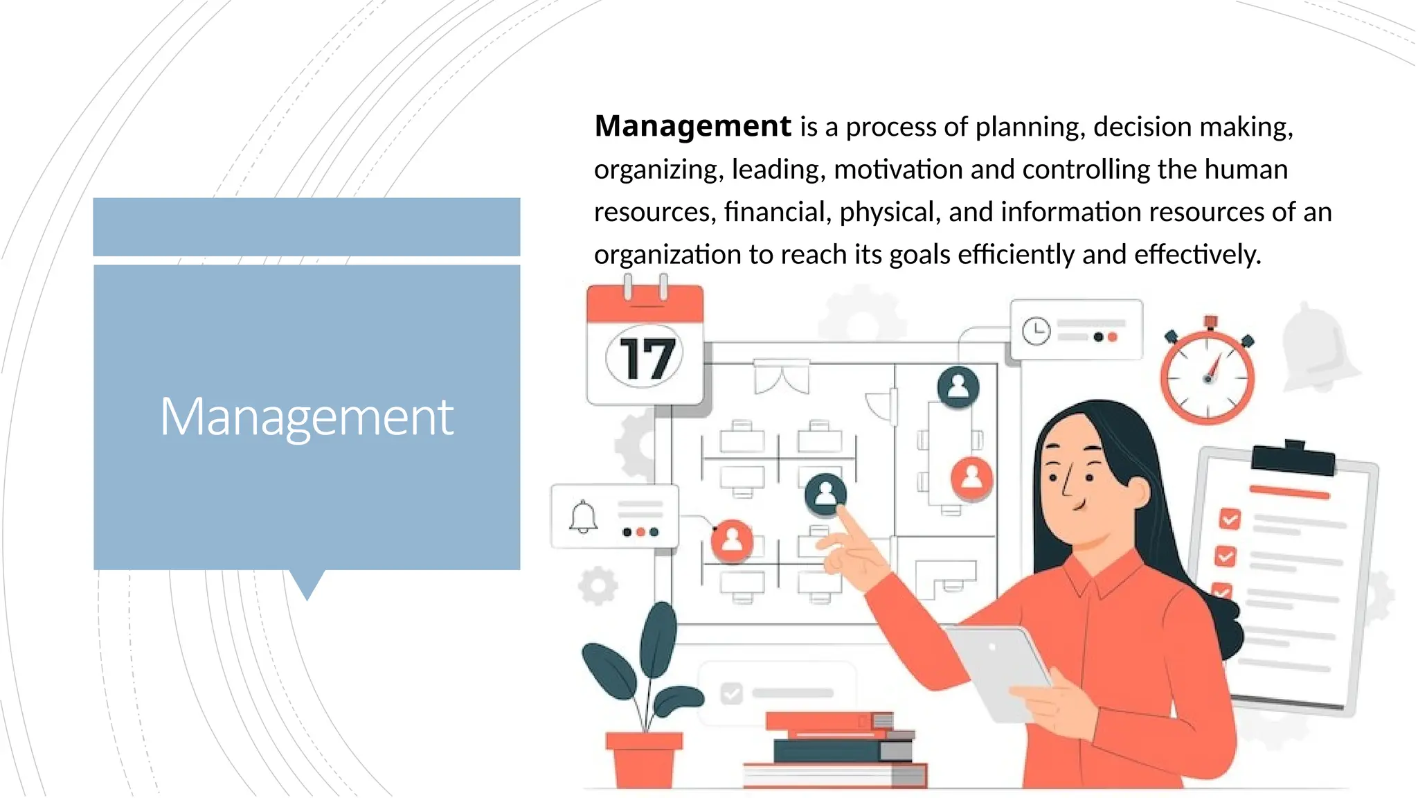 Management
Management is a process of planning, decision making,
organizing, leading, motivation and controlling the human
resources, financial, physical, and information resources of an
organization to reach its goals efficiently and effectively.
 