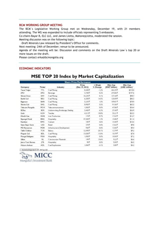 BCM WORKING GROUP MEETING
The BCM`s Legislative Working Group met on Wednesday, December 19, with 21 members
attending. The WG was expanded to include officials representing 5 embassies.
Co-chairs Bayar B, ELC LLC, and James Liotta, MahoneyLiotta, moderated the session.
Meeting discussion was on the following topic:
-Draft Minerals Law released by President‘s Office for comments.
Next meeting: 24th of December; venue to be announced.
Agenda of the meeting will be: Discussion and comments on the Draft Minerals Law`s top 20 or
more issues on the draft.
Please contact erka@bcmongolia.org
ECONOMIC INDICATORS
 