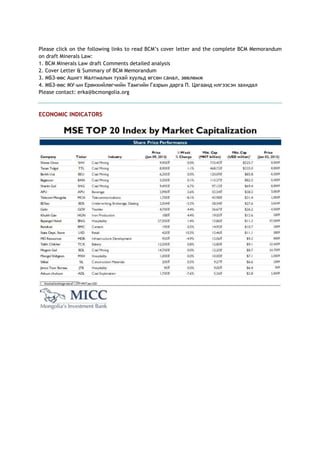 Please click on the following links to read BCM‘s cover letter and the complete BCM Memorandum
on draft Minerals Law:
1. BCM Minerals Law draft Comments detailed analysis
2. Cover Letter & Summary of BCM Memorandum
3. МБЗ-өөс Ашигт Малтмалын тухай хуульд өгсөн санал, зөвлөмж
4. МБЗ-өөс МУ-ын Ерөнхийлөгчийн Тамгийн Газрын дарга П. Цагаанд илгээсэн захидал
Please contact: erka@bcmongolia.org
ECONOMIC INDICATORS
 