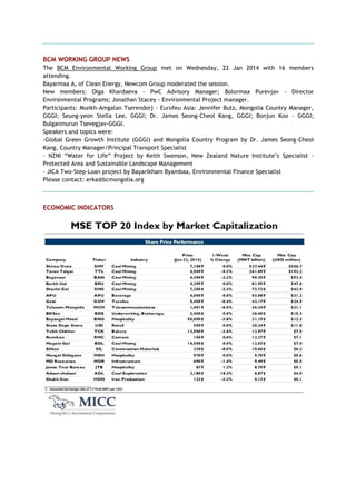BCM WORKING GROUP NEWS
The BCM Environmental Working Group met on Wednesday, 22 Jan 2014 with 16 members
attending.
Bayarmaa A, of Clean Energy, Newcom Group moderated the session.
New members: Olga Khardaeva - PwC Advisory Manager; Bolormaa Purevjav - Director
Environmental Programs; Jonathan Stacey - Environmental Project manager.
Participants: Munkh-Amgalan Tserendorj - Eurofeu Asia: Jennifer Butz, Mongolia Country Manager,
GGGI; Seung-yeon Stella Lee, GGGI; Dr. James Seong-Cheol Kang, GGGI; Bonjun Koo - GGGI;
Bulganmurun Tsevegjav-GGGI.
Speakers and topics were:
-Global Green Growth Institute (GGGI) and Mongolia Country Program by Dr. James Seong-Cheol
Kang, Country Manager/Principal Transport Specialist
- NZNI ―Water for Life‖ Project by Keith Swenson, New Zealand Nature Institute‘s Specialist -
Protected Area and Sustainable Landscape Management
- JICA Two-Step-Loan project by Bayarlkham Byambaa, Environmental Finance Specialist
Please contact: erka@bcmongolia.org
ECONOMIC INDICATORS
 