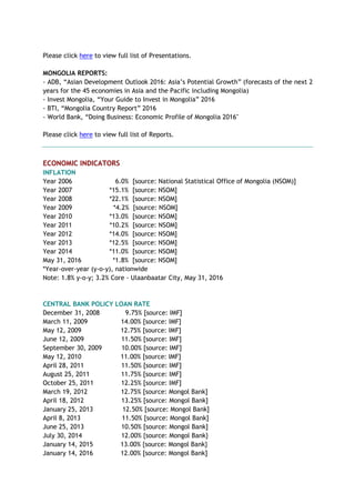 Please click here to view full list of Presentations.
MONGOLIA REPORTS:
- ADB, “Asian Development Outlook 2016: Asia’s Potential Growth” (forecasts of the next 2
years for the 45 economies in Asia and the Pacific including Mongolia)
- Invest Mongolia, “Your Guide to Invest in Mongolia” 2016
- BTI, “Mongolia Country Report” 2016
- World Bank, “Doing Business: Economic Profile of Mongolia 2016"
Please click here to view full list of Reports.
ECONOMIC INDICATORS
INFLATION
Year 2006 6.0% [source: National Statistical Office of Mongolia (NSOM)]
Year 2007 *15.1% [source: NSOM]
Year 2008 *22.1% [source: NSOM]
Year 2009 *4.2% [source: NSOM]
Year 2010 *13.0% [source: NSOM]
Year 2011 *10.2% [source: NSOM]
Year 2012 *14.0% [source: NSOM]
Year 2013 *12.5% [source: NSOM]
Year 2014 *11.0% [source: NSOM]
May 31, 2016 *1.8% [source: NSOM]
*Year-over-year (y-o-y), nationwide
Note: 1.8% y-o-y; 3.2% Core - Ulaanbaatar City, May 31, 2016
CENTRAL BANK POLICY LOAN RATE
December 31, 2008 9.75% [source: IMF]
March 11, 2009 14.00% [source: IMF]
May 12, 2009 12.75% [source: IMF]
June 12, 2009 11.50% [source: IMF]
September 30, 2009 10.00% [source: IMF]
May 12, 2010 11.00% [source: IMF]
April 28, 2011 11.50% [source: IMF]
August 25, 2011 11.75% [source: IMF]
October 25, 2011 12.25% [source: IMF]
March 19, 2012 12.75% [source: Mongol Bank]
April 18, 2012 13.25% [source: Mongol Bank]
January 25, 2013 12.50% [source: Mongol Bank]
April 8, 2013 11.50% [source: Mongol Bank]
June 25, 2013 10.50% [source: Mongol Bank]
July 30, 2014 12.00% {source: Mongol Bank}
January 14, 2015 13.00% {source: Mongol Bank}
January 14, 2016 12.00% [source: Mongol Bank]
 