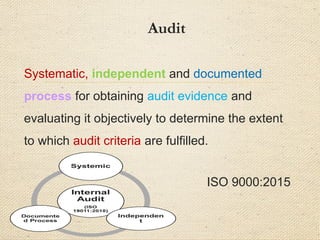 Audit
Systematic, independent and documented
process for obtaining audit evidence and
evaluating it objectively to determine the extent
to which audit criteria are fulfilled.
ISO 9000:2015
 