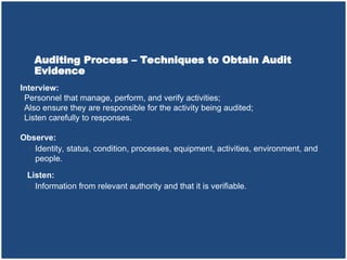Sources of Information
• Interviews
• Documents (procedures, instructions,
specifications, etc)
• Records
• Data Summaries (analysis and performance)
• Reports (customer feedback, supplier ratings)
• Databases
• Observations (of activities and conditions)
 