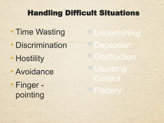 EXAMPLES
Cannot find
document
Uncooperative
Noisy environment
Long
telephone
calls
Unprepared
Constant
interruptions
Provocation
Long-winded
auditees
Interdepartmental or
personality conflicts
Diversionary
tactics
Language
Boastful
Called
away
Volunteered
information
Handling Difficult Situations
 