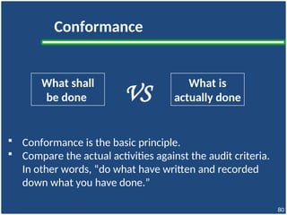 Process Audits
81
Why?
(target, measurement &
improvement)
With Who?
(responsibility,
competency)
OUTPUT
INPUT PROCESS
HOW?
(procedures & methods of
controls)
With What?
(equipment, material
resources)
4 Questions about a Process
•WHO – responsibility, authority and competencies required
•WHAT – kinds of resources needed to perform the process
•WHY – objective/target for the process, plus measurement & improvement
•HOW – controls method to achieve desired results
 
