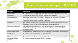 3
Some of the core concepts of ISO 22301
Concepts Comments
Context of the
organization
The environment in which the organization operates including internal and external
factors that can have an effect on your business continuity plans.
Interested parties A person or organization that can affect, be affected by, or perceive themselves
to be affected by a decision or activity. Examples include suppliers, customers or
competitors. You may refer to them as stakeholders
Leadership Requirements specific to top management who are defined as a person or group of
people who directs and controls an organization at the highest level.
Performance evaluation The measurement of performance and effectiveness of the BCMS, covering the
methods for monitoring, measurement, analysis and evaluation, as applicable, to
ensure valid results.
Maximum Acceptable
Outage (MAO)
The time it would take for adverse impacts to become unacceptable. This is the same
as ‘maximum tolerable period of disruption (MTPD)’.
Minimum Business
Continuity Objective
(MBCO)
The minimum level of services and/or products that is acceptable to the organization
to achieve its business objectives during a disruption.
 