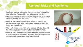  Resilience is about addressing the root causes of crises while
strengthening the capacities and resources of a system.
 The disaster risk that remains in unmanaged form, even when
effective disaster risk reduction.
 Residual risk is what remains after efforts to identify and
eliminate risks have been made. Learn how to calculate this
important type of risk.
 There will always be some level of residual risk, but it should
be as low as you can reasonably be expected to make it.
 Residual risk is important for several reasons. First to consider
is that residual risk is the risk "left over" after security controls
and process improvements have been applied.
6
Residual Risks and Resilience
 