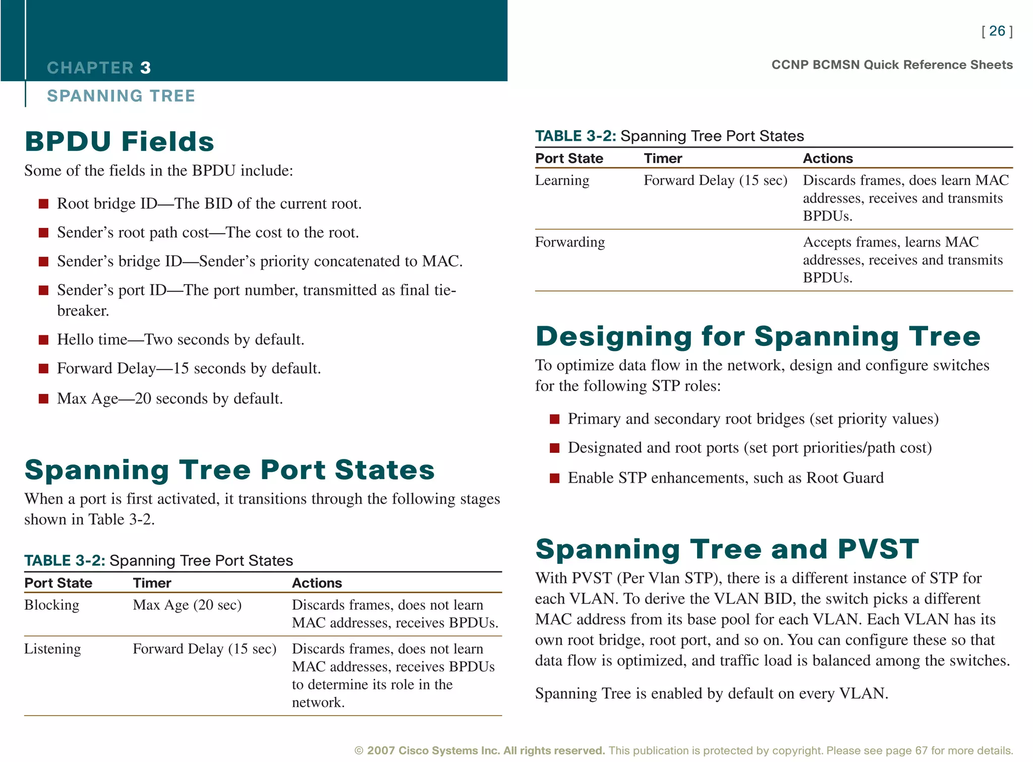 [ 26 ]

   CHAPTER 3                                                                                                                        CCNP BCMSN Quick Reference Sheets

   SPANNING TREE

                                                                                      TABLE 3-2: Spanning Tree Port States
BPDU Fields                                                                           Port State           Timer                          Actions
Some of the fields in the BPDU include:
                                                                                      Learning             Forward Delay (15 sec)         Discards frames, does learn MAC
  n Root bridge ID—The BID of the current root.                                                                                           addresses, receives and transmits
                                                                                                                                          BPDUs.
  n Sender’s root path cost—The cost to the root.
                                                                                      Forwarding                                          Accepts frames, learns MAC
  n Sender’s bridge ID—Sender’s priority concatenated to MAC.                                                                             addresses, receives and transmits
                                                                                                                                          BPDUs.
  n Sender’s port ID—The port number, transmitted as final tie-
     breaker.
  n Hello time—Two seconds by default.                                                Designing for Spanning Tree
  n Forward Delay—15 seconds by default.                                              To optimize data flow in the network, design and configure switches
                                                                                      for the following STP roles:
  n Max Age—20 seconds by default.
                                                                                         n Primary and secondary root bridges (set priority values)

                                                                                         n Designated and root ports (set port priorities/path cost)
Spanning Tree Port States                                                                n Enable STP enhancements, such as Root Guard
When a port is first activated, it transitions through the following stages
shown in Table 3-2.

TABLE 3-2: Spanning Tree Port States                                                  Spanning Tree and PVST
Port State       Timer                    Actions                                     With PVST (Per Vlan STP), there is a different instance of STP for
Blocking         Max Age (20 sec)         Discards frames, does not learn             each VLAN. To derive the VLAN BID, the switch picks a different
                                          MAC addresses, receives BPDUs.              MAC address from its base pool for each VLAN. Each VLAN has its
                                                                                      own root bridge, root port, and so on. You can configure these so that
Listening        Forward Delay (15 sec)   Discards frames, does not learn
                                          MAC addresses, receives BPDUs               data flow is optimized, and traffic load is balanced among the switches.
                                          to determine its role in the
                                                                                      Spanning Tree is enabled by default on every VLAN.
                                          network.


                                                    © 2007 Cisco Systems Inc. All rights reserved. This publication is protected by copyright. Please see page 67 for more details.
 