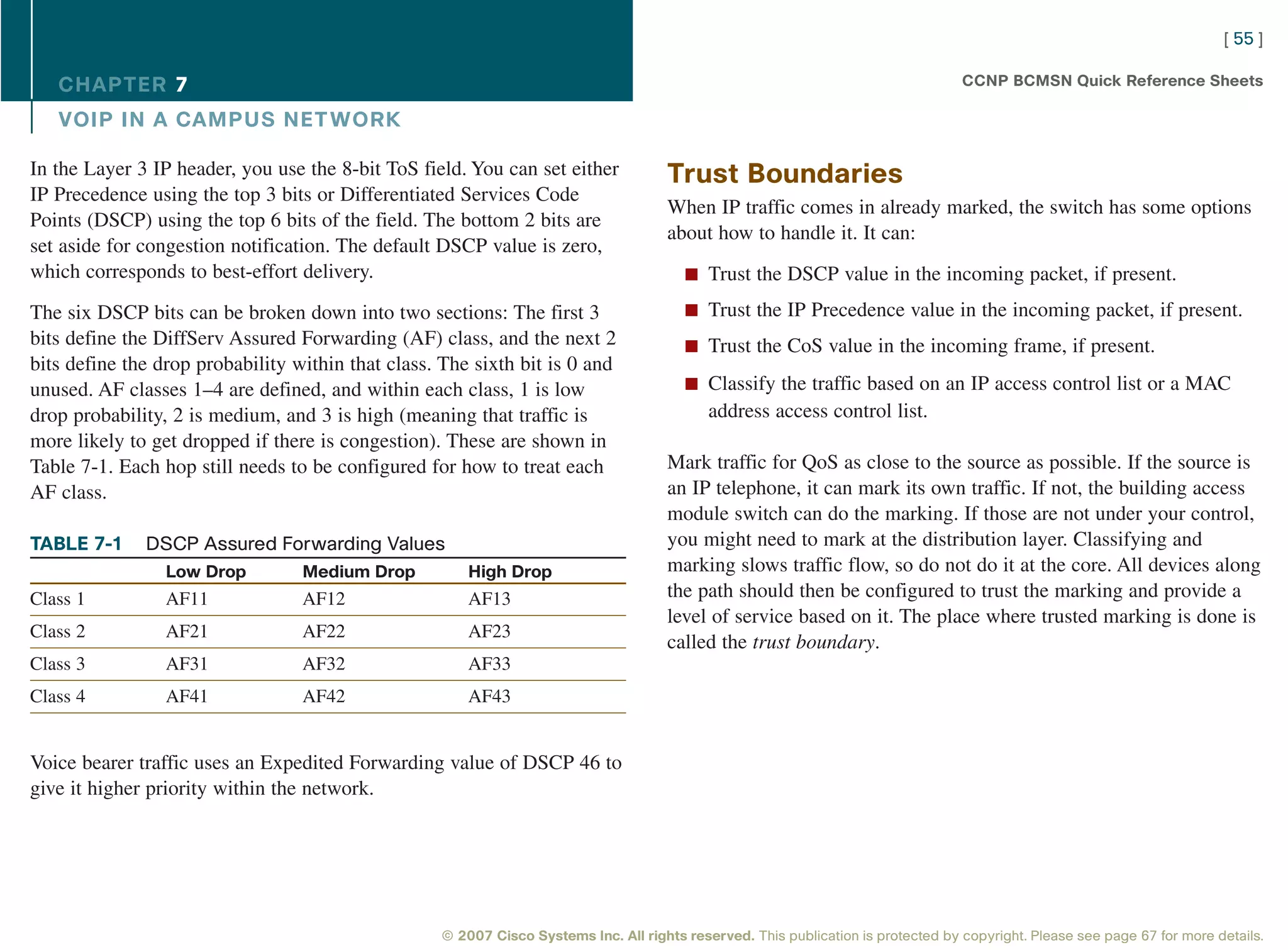 [ 55 ]

   CHAPTER 7                                                                                                                       CCNP BCMSN Quick Reference Sheets

   VOIP IN A CAMPUS NET WORK

In the Layer 3 IP header, you use the 8-bit ToS field. You can set either            Trust Boundaries
IP Precedence using the top 3 bits or Differentiated Services Code
                                                                                     When IP traffic comes in already marked, the switch has some options
Points (DSCP) using the top 6 bits of the field. The bottom 2 bits are
                                                                                     about how to handle it. It can:
set aside for congestion notification. The default DSCP value is zero,
which corresponds to best-effort delivery.                                              n Trust the DSCP value in the incoming packet, if present.

The six DSCP bits can be broken down into two sections: The first 3                     n Trust the IP Precedence value in the incoming packet, if present.
bits define the DiffServ Assured Forwarding (AF) class, and the next 2                  n Trust the CoS value in the incoming frame, if present.
bits define the drop probability within that class. The sixth bit is 0 and
unused. AF classes 1–4 are defined, and within each class, 1 is low                     n Classify the traffic based on an IP access control list or a MAC
drop probability, 2 is medium, and 3 is high (meaning that traffic is                       address access control list.
more likely to get dropped if there is congestion). These are shown in
Table 7-1. Each hop still needs to be configured for how to treat each               Mark traffic for QoS as close to the source as possible. If the source is
AF class.                                                                            an IP telephone, it can mark its own traffic. If not, the building access
                                                                                     module switch can do the marking. If those are not under your control,
TABLE 7-1     DSCP Assured Forwarding Values                                         you might need to mark at the distribution layer. Classifying and
                 Low Drop         Medium Drop          High Drop                     marking slows traffic flow, so do not do it at the core. All devices along
Class 1          AF11             AF12                 AF13                          the path should then be configured to trust the marking and provide a
                                                                                     level of service based on it. The place where trusted marking is done is
Class 2          AF21             AF22                 AF23
                                                                                     called the trust boundary.
Class 3          AF31             AF32                 AF33
Class 4          AF41             AF42                 AF43


Voice bearer traffic uses an Expedited Forwarding value of DSCP 46 to
give it higher priority within the network.




                                                   © 2007 Cisco Systems Inc. All rights reserved. This publication is protected by copyright. Please see page 67 for more details.
 
