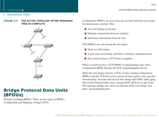 [ 25 ]

   CHAPTER 3                                                                                                                   CCNP BCMSN Quick Reference Sheets

   SPANNING TREE

FIGURE 3-2     THE ACTIVE TOPOLOGY AFTER SPANNING                                Configuration BPDUs are sent every two seconds from the root toward
               TREE IS COMPLETE                                                  the downstream switches. They:
                              A
                                                                                    n Are used during an election.

                                                                                    n Maintain connectivity between switches.

                                                                                    n Send timer information from the root.


               B                           C
                                                                                 TCN BPDUs are sent toward the root when:

                                                                                    n There is a link failure.

                                                                                    n A port starts forwarding, and there is already a designated port.
                             D
                                                                                    n The switch receives a TCN from a neighbor.


                                                                                 When a switch receives a TCN BPDU, it acknowledges that with a
                                                                                 configuration BPDU that has the TCN Acknowledgment bit set.

                                                                                 When the root bridge receives a TCN, it starts sending configuration
                                                                                 BPDUs with the TCN bit set for a period of time equal to max age plus
                             E                                                   forward delay. Switches that receive this change their MAC table aging
                                                                                 time to the Forward Delay time, causing MAC addresses to age faster.
                                                                                 The topology change also causes an election of the root bridge, root
                                                                                 ports, and designated ports.
Bridge Protocol Data Units
(BPDUs)
Switches exchange BPDUs. There are two types of BPDUs:
Configuration and Topology Change (TCN).



                                               © 2007 Cisco Systems Inc. All rights reserved. This publication is protected by copyright. Please see page 67 for more details.
 
