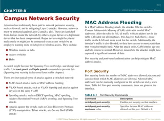 [ 58 ]

CHAPTER 8                                                                                                                         CCNP BCMSN Quick Reference Sheets



Campus Network Security
Attention has traditionally been paid to network perimeter security,
                                                                                    MAC Address Flooding
                                                                                    In a MAC address flooding attack, the attacker fills the switch’s
such as firewall, and to mitigating Layer 3 attacks. However, networks
                                                                                    Content Addressable Memory (CAM) table with invalid MAC
must be protected against Layer 2 attacks, also. These are launched
                                                                                    addresses. After the table is full, all traffic with an address not in the
from devices inside the network by either a rogue device or a legitimate
                                                                                    table is flooded out all interfaces. This has two bad effects—more
device that has been compromised. Rogue devices might be placed
                                                                                    traffic on the LAN and more work for the switch. Additionally, the
maliciously or might just be connected to an access switch by an
                                                                                    intruder’s traffic is also flooded, so they have access to more ports than
employee wanting more switch port or wireless access. They include:
                                                                                    they would normally have. After the attack stops, CAM entries age out
  n Wireless routers or hubs                                                        and life returns to normal. However, meanwhile the attacker might have
                                                                                    captured a significant amount of data.
  n Access switches

  n Hubs                                                                            Port security and port-based authentication can help mitigate MAC
                                                                                    address attacks.
A switch might become the Spanning Tree root bridge, and disrupt user
traffic. Use root guard and bpdu guard commands to prevent this.
(Spanning tree security is discussed later in this chapter.)                        Port Security
                                                                                    Port security limits the number of MAC addresses allowed per port and
There are four typical types of attacks against a switched network:                 can also limit which MAC addresses are allowed. Allowed MAC
  n MAC-based attacks, such as MAC address flooding                                 addressed can be manually configured or the switch can sticky learn
                                                                                    them. Table 8-1 lists port security commands; these are given at the
  n VLAN-based attacks, such as VLAN hopping and attacks against                    interface.
     devices on the same VLAN
  n Spoofing attacks, such as DHCP spoofing, MAC spoofing,                          TABLE 8-1          Port Security Commands
     Address Resolution Protocol (ARP) spoofing, and Spanning Tree                  Command                                    Description
     attacks                                                                        switchport port-security                   Enables port security on that interface.
  n Attacks against the switch, such as Cisco Discovery Protocol                    switchport port-security                   Specifies the max MAC addresses
     (CDP) manipulation, Telnet attacks, and Secure Shell (SSH)                     maximum value                              allowed on this port. Default is 1.
     attacks

                                                  © 2007 Cisco Systems Inc. All rights reserved. This publication is protected by copyright. Please see page 67 for more details.
 