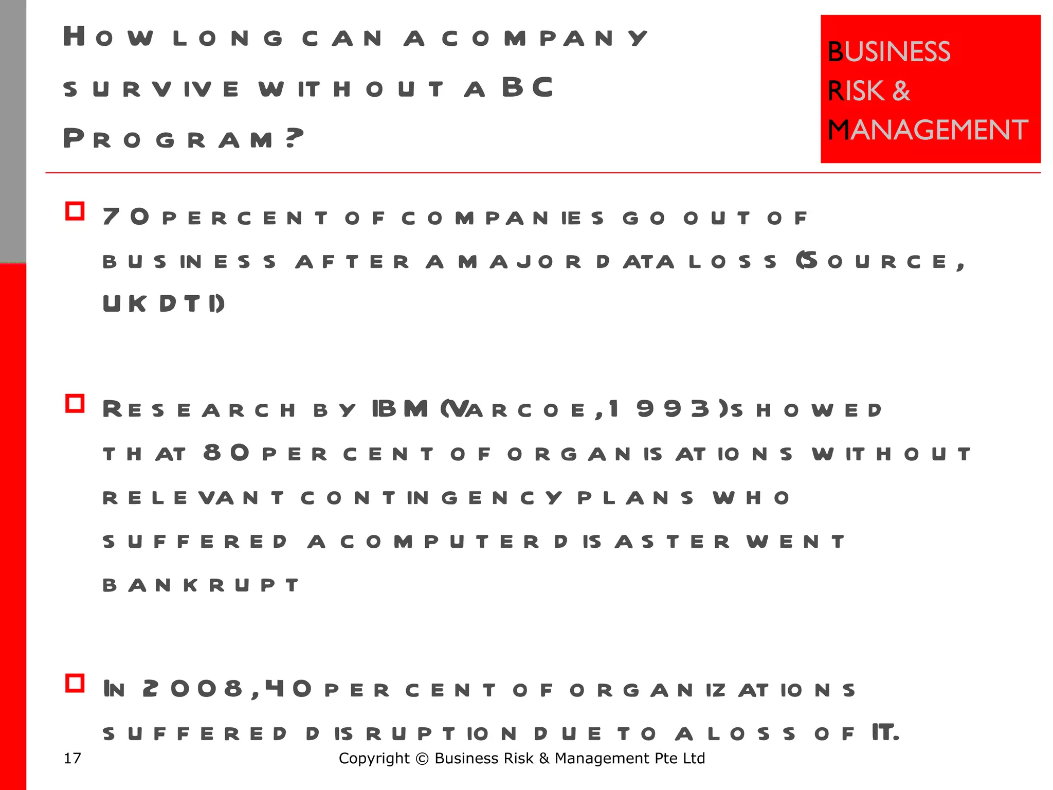 How long can a company survive without a BC Program? 70 percent of companies go out of business after a major data loss (Source, UK DTI) Research by IBM (Varcoe, 1993) showed that 80 per cent of organisations without relevant contingency plans who suffered a computer disaster went bankrupt  In 2008, 40 per cent of organizations suffered disruption due to a loss of IT.  Copyright © Business Risk & Management Pte Ltd 