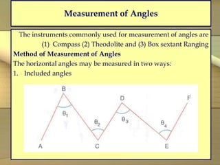 Measurement of Angles
The instruments commonly used for measurement of angles are
(1) Compass (2) Theodolite and (3) Box sextant Ranging
Method of Measurement of Angles
The horizontal angles may be measured in two ways:
1. Included angles
 