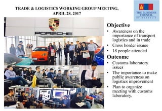 TRADE & LOGISTICS WORKING GROUP MEETING,
APRIL 28, 2017
Objective
• Awareness on the
importance of transport
logistics and in trade
• Cross border issues
• 18 people attended
Outcome
• Customs laboratory
issues
• The importance to make
public awareness on
logistics improvement
• Plan to organize
meeting with customs
laboratory.
 