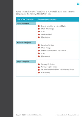 14



Typical services that can be outsourced to BCM vendors based on the size of the
company and the maturity of the BCM process.

 Size of the Enterprise              Outsourcing Imperatives

 Small Enterprise
                                           External consulting for a formal BC plan
                                           O site Data storage
                                           IT DR
                                           DR Audit Services
                                           BCM Auditing


 Medium Enterprise
                                           Consulting Services
                                           O site Storage
                                           SHARED Alternative Work Area Services
                                           IT DR
                                           BCM Auditing


 Large Enterprise
                                           Managed DR Centers
                                           Managed Captive Centers
                                           DEDICATED Alternative Work Area Recovery Services
                                           BCM Auditing




Copyright © 2010 Omnitech InfoSolutions Ltd.                        Business Continuity Management in India
 