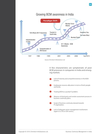 04




                              Growing BCM awareness in India
                                      Paradigm Shift
                                                                               Mumbai Terror
                                                                               Attacks



                Y2K Effects DR IT Awareness      Tsunami in                                             Pandemic Fluc
                                                 South India
                                                                                                        Pan India Effect
                                                                                        Mumbai Floods
          Industrialization
          in India
                                                                      9/11 Attacks - BCM
                                                                      Awareness
                                 Computerization of
                                 BFSI Sector


              1947            1980            1999             2001              2005          2008          Sep 2010

                                         Source: Omnitech InfoSolutions Ltd.




                                                 A few characteristics are symptomatic of poor
                                                 BCM processes in companies in India and emerg-
                                                 ing markets

                                                        Lack of maturity and comprehensiveness in the BCM
                                                        process.

                                                        Inadequate resource allocation in terms of both people
                                                        and funds.


                                                        Treating BCM as a purely IT problem.


                                                        Absence of third party and vendor assessment process in
                                                        business continuity plans.


                                                        Scope of business continuity skewed towards
                                                        IT organization.


                                                        Lack of adequate senior management involvement
                                                        (again it is CTO or CIO centric).




Copyright © 2010 Omnitech InfoSolutions Ltd.                                   Business Continuity Management in India
 