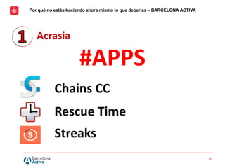 20
Chains CC
Rescue Time
Streaks
Acrasia
#APPS
Por qué no estás haciendo ahora mismo lo que deberías – BARCELONA ACTIVA
 