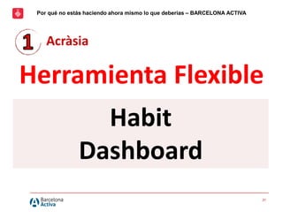 21
Acràsia
Habit
Dashboard
Herramienta Flexible
Por qué no estás haciendo ahora mismo lo que deberías – BARCELONA ACTIVA
 