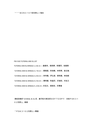 ＊＊＊ＢＣＮ３１０７的负责人＝瑞央
PSK 3102 TUTORIAL AND ISL LIST
TUTORIAL DAN ISL MINGGU 1, 6 & 11-----詹爱玲、程莉婷、陈慧芳、徐碧青
TUTORIAL DAN ISL MINGGU 2, 7 & 12-----曾爱圆、陈瑞鸯、林秀琴、彭庄勉
TUTORIAL DAN ISL MINGGU 3, 8 & 13-----李伟佩、罗弘君、郭秀雅、林欣颖
TUTORIAL DAN ISL MINGGU 4, 9 & 14-----谭秀媚、陈盈芬、苏驰阳、刘佳卫
TUTORIAL DAN ISL MINGGU 5, 10 & 15---刘宝贞、侯丽欣、苏惠煌
请组别做好 TUTORIAL ＆ ISL 后，复印给大家及把ＳＯＦＴＣＯＰＹ 交给ＰＳＫ３１
０２负责人。谢谢
＊ＰＳＫ３１０２负责人＝惠煌
 