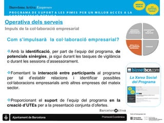 PROGRAMA DE SUPORT A LES PIMES  PER UN MILLOR ACCÉS A LA CONTRACTACIÓ PÚBLICA Operativa dels serveis Impuls de la col·laboració empresarial Com s’impulsarà  la col·laboració empresarial? Amb la  identificació , per part de l’equip del programa,  de potencials sinèrgies , ja sigui durant les tasques de vigilància o durant les sessions d’assessorament. Fomentant la  interacció entre participants  al programa per tal d’establir relacions i identificar possibles col·laboracions empresarials amb altres empreses del mateix sector. Proporcionant el  suport  de l’equip del programa  en la creació d’UTEs  per a la presentació conjunta d’ofertes. La Xarxa Social del Programa FORMACIÓ   IMPULS DE LA COL·LABORACIÓ EMPRESARIAL VIGILÀNCIA I IDENTIFICACIÓ D’OPORTUNITATS ASSESSORAMENT  EN LA TRAMITACIÓ 