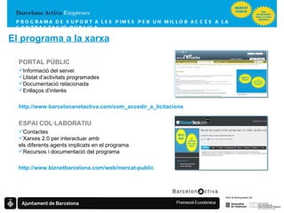 PROGRAMA DE SUPORT A LES PIMES  PER UN MILLOR ACCÉS A LA CONTRACTACIÓ PÚBLICA PORTAL PÚBLIC Informació del servei Llistat d’activitats programades Documentació relacionada Enllaços d’interès http://www.barcelonanetactiva.com/com_accedir_a_licitacions ESPAI COL·LABORATIU Contactes Xarxes 2.0 per interactuar amb els diferents agents implicats en el programa Recursos i documentació del programa http://www.biznetbarcelona.com/web/mercat-public El programa a la xarxa 