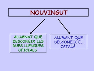 NOUVINGUT
ALUMNAT QUE
DESCONEIX LES
DUES LLENGÜES
OFICIALS
ALUMANT QUE
DESCONEIX EL
CATALÀ
 