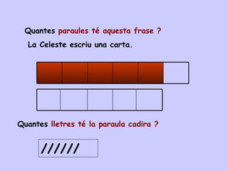 Quantes paraules té aquesta frase ?
La Celeste escriu una carta.
Quantes lletres té la paraula cadira ?
//////
 