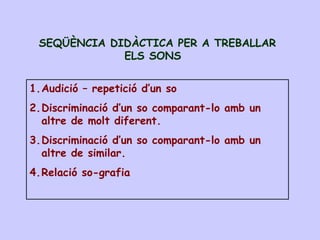 SEQÜÈNCIA DIDÀCTICA PER A TREBALLAR
ELS SONS
1.Audició – repetició d’un so
2.Discriminació d’un so comparant-lo amb un
altre de molt diferent.
3.Discriminació d’un so comparant-lo amb un
altre de similar.
4.Relació so-grafia
 
