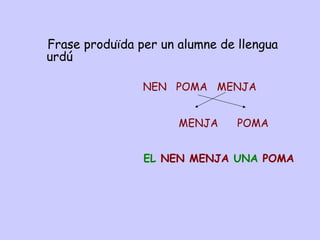 Frase produïda per un alumne de llengua
urdú
NEN POMA MENJA
MENJA POMA
EL NEN MENJA UNA POMA
 