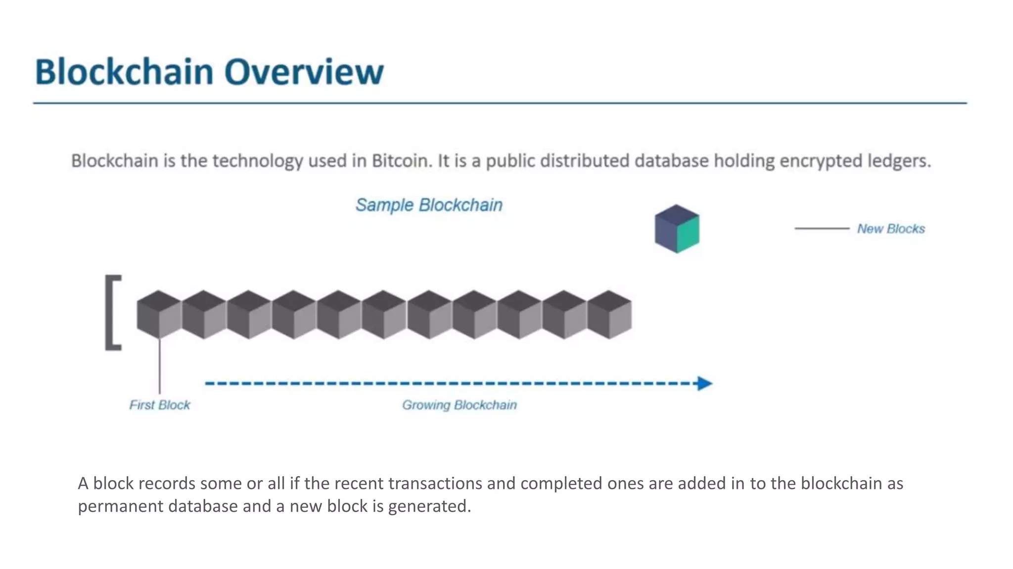 A block records some or all if the recent transactions and completed ones are added in to the blockchain as
permanent database and a new block is generated.
 
