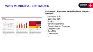 WEB MUNICIPAL DE DADES
Lloc web de l’Ajuntament de Barcelona que integrarà /
fusionarà:
• Estadística BCN
• Open Data BCN
• BcnRoc
• Barcelona Economia
• Estudis d'Opinió i Enquestes
• Geoportal BCN
• CartoBCN
• Observatoris
• ...
 