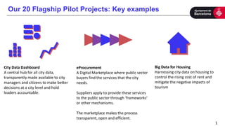 Our 20 Flagship Pilot Projects: Key examples
1
Big Data for Housing
Harnessing city data on housing to
control the rising cost of rent and
mitigate the negative impacts of
tourism
City Data Dashboard
A central hub for all city data,
transparently made available to city
managers and citizens to make better
decisions at a city level and hold
leaders accountable.
eProcurement
A Digital Marketplace where public sector
buyers find the services that the city
needs.
Suppliers apply to provide these services
to the public sector through ‘frameworks’
or other mechanisms.
The marketplace makes the process
transparent, open and efficient.
 