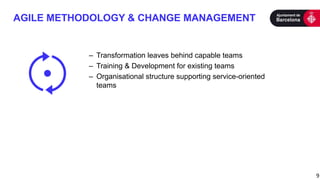 AGILE METHODOLOGY & CHANGE MANAGEMENT
9
– Transformation leaves behind capable teams
– Training & Development for existing teams
– Organisational structure supporting service-oriented
teams
 