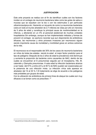 13
JUSTIFICACION
Este ante proyecto se realiza con el fin de identificar cuáles son los factores
inciden en el contagio de neumonía bacteriana tales como las gotas de saliva o
mucosa que se expulsan con la tos o con los estornudos o por partículas
ultramicroscópica etc. Haciendo un recuento de como La neumonías bacteriana
cobra en todo el mundo alrededor de 2.7 millones de vidas por año en menores
de 5 años de edad y constituye la principal causa de morbimortalidad en la
infancia, y afectando en un 4% al personal asistencial de muchas unidades
hospitalarias Sin embargo, aunque se han implementado métodos y formas de
prevenir el contagio es oportuno recordar que aun disponiendo de antibióticos
eficaces, las neumonías y otros procesos invasores por neumococo siguen
siendo importante causa de mortalidad y morbilidad grave en ambos extremos
de la vida.
El neumococo es el responsable del 30% de los casos de neumonía bacteriana
en niños de todas las edades siendo la edad el mejor factor predictor para el
tipo de patógeno: Después de los 2 años de edad la prevalencia viral disminuye
y aumenta la proporción de bacterias como causantes de NAC, dentro de las
cuales se encuentran el S pneumoniae seguido por el micoplasma, Hib, M.
catarralis y Clamydia pneumoniae. A esta edad la infección bacteriana alcanza
a ser hasta del 51% y entre el 8 y el 40 % de NAC pueden ser ocasionadas por
la presencia de una infección mixta. La infección vírica sola aparece en
alrededor del 14 al 35 %.1 El tratamiento se elige de acuerdo a los patógenos
más probables por grupos de edad.
Con la utilización de antibióticos de primera línea de ataque los cuales son muy
eficaces si se toman como se prescriben. 21
21
puj-portal.javeriana.edu.co/portal/page/portal/.../guias.../neum.doc
 
