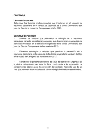 8
OBJETIVOS
OBJETIVO GENERAL
Determinar los factores predeterminantes que incidieron en el contagio de
neumonía bacteriana en el servicio de urgencias de la clínica universitaria san
juan de Dios de la ciudad de Cartagena en el año 2013.
OBJETIVO ESPECIFICO
• Analizar los factores que permitieron el contagio de la neumonía
bacteriana, para ello se realizaran encuestas que determinaran el porcentaje de
personas infectadas en el servicio de urgencias de la clínica universitaria san
juan de Dios de Cartagena de indias en el año 2013.
• Fomentar estrategias y métodos que permitan la prevención de la
neumonía bacteriana en la urgencia de la clínica universitaria san juan de Dios
en la ciudad de Cartagena de indias del año 2013.
• Sensibilizar al personal asistencial de salud del servicio de urgencias de
la clínica universitaria san juan de Dios, conducente a la apropiación de
conocimientos básicos para la prevención del contacto; haciendo uso de las
Tics que permiten estar actualizados con el manejo adecuado de esta bacteria.
 